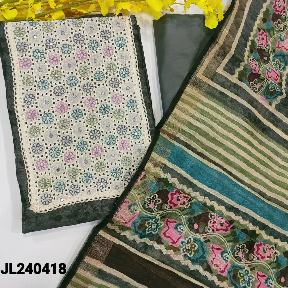 CODE JL240418: Dark grey semi gicha textured silk cotton unstitched salwar material contrast yoke patch with floral