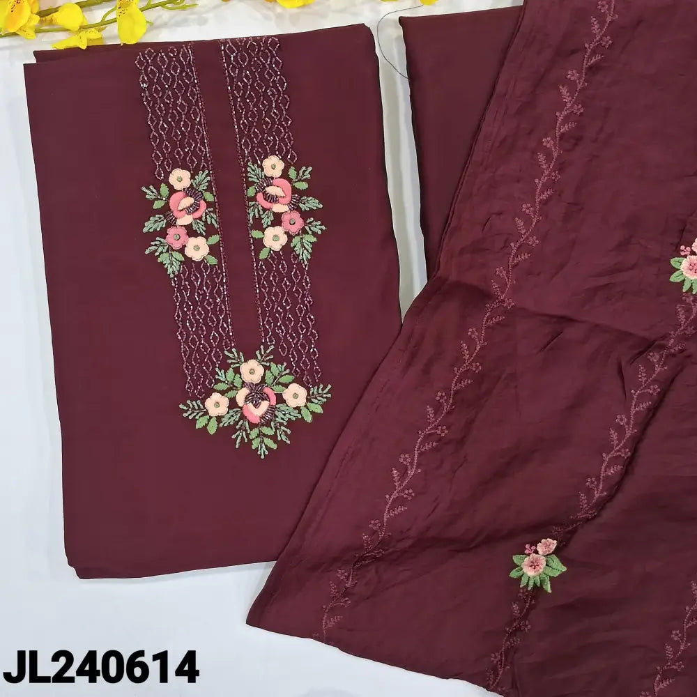 CODE JL240614: Dark maroon premium silk cotton unstitched salwar material embroidered& bead work on yoke(lining