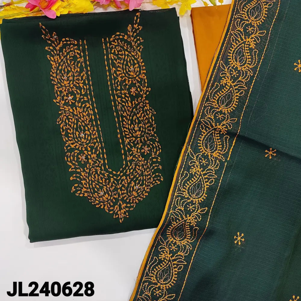 CODE JL240628: Dark green printed fancy silk unstitched salwar material embroidered on yoke(lining needed)mehandhi