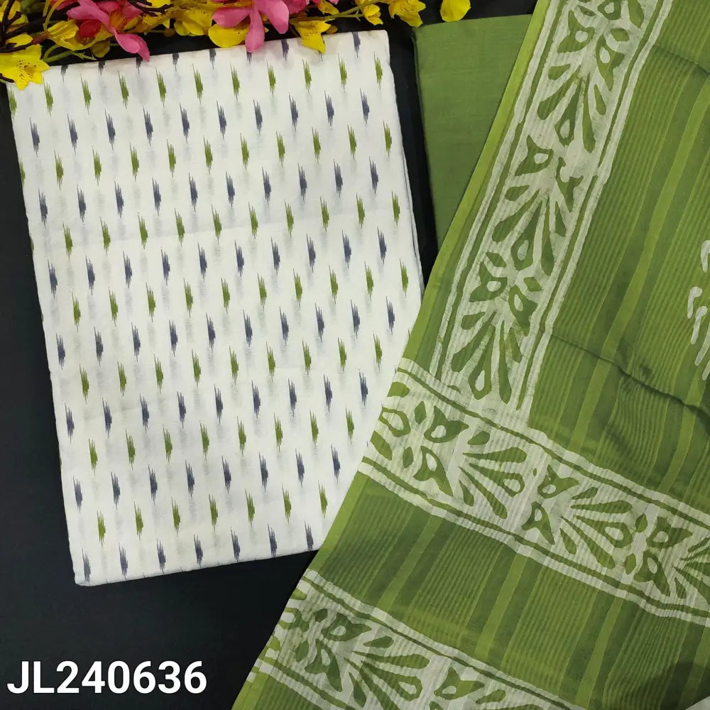 CODE JL240636: White base premium jakard cotton unstitched salwar material self woven design& ikat printed all