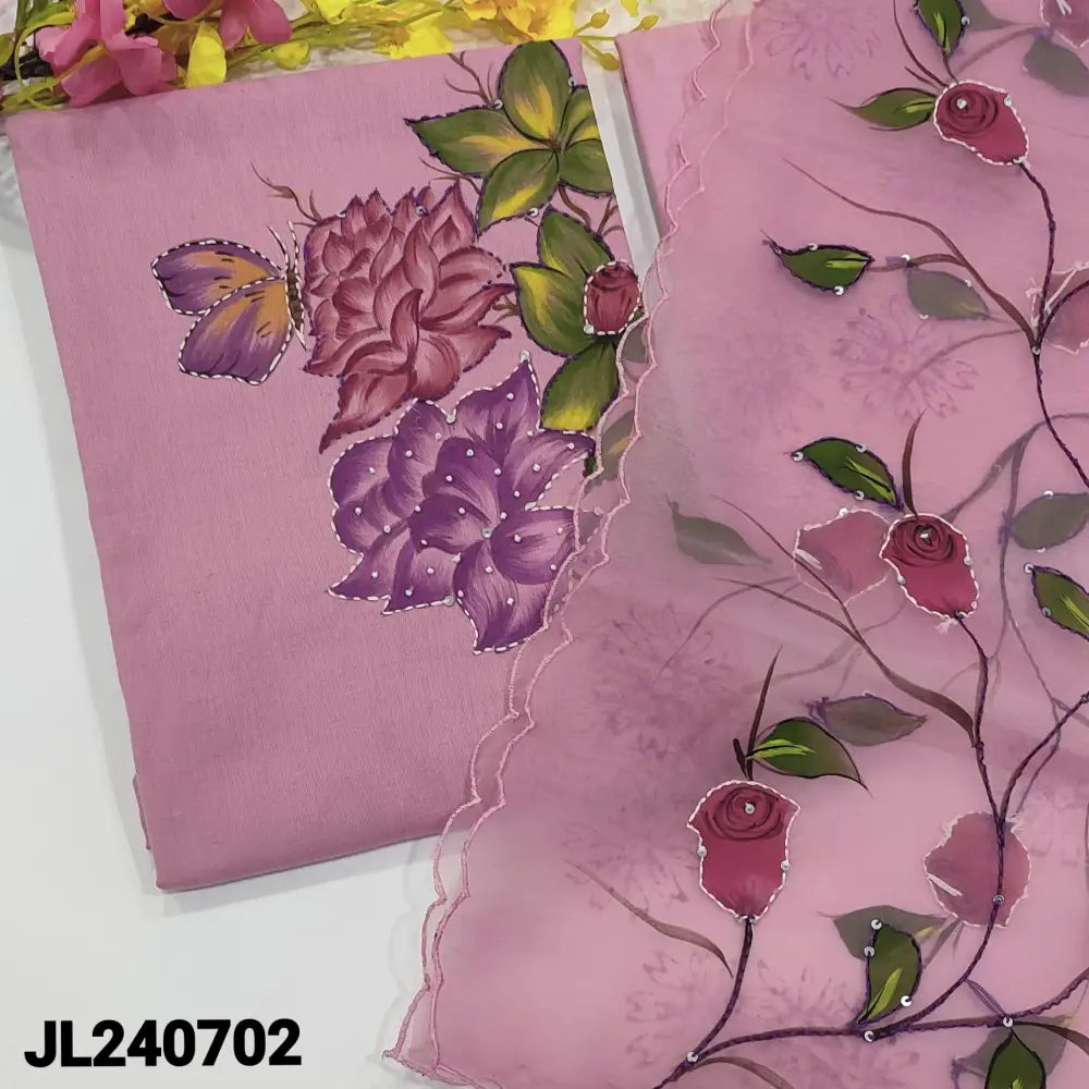 CODE JL240702: Pastel pink premium cotton unstisched salwar material hand brush painted with bead& kantha stitch work