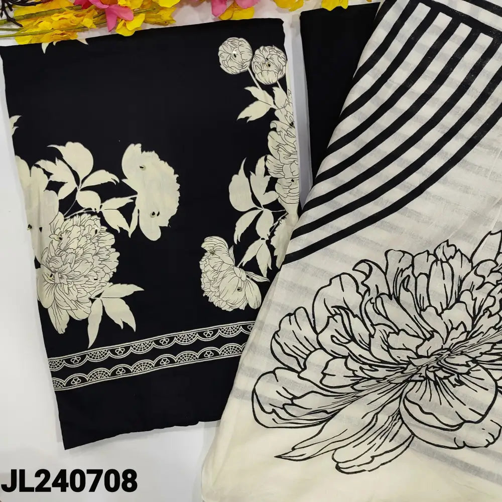 CODE JL240708: Black floral printed satin cotton unstitched salwar material thread& sequins work on front(lining