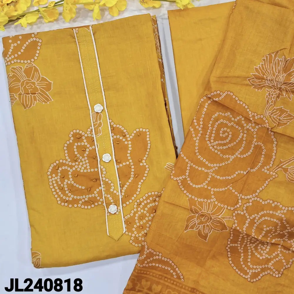 CODE JL240818: Fenugreek yellow printed satin cotton unstitched salwar material fancy buttons on yoke thread work