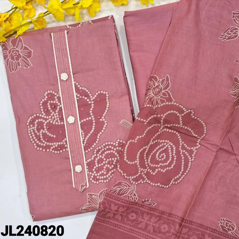 CODE JL240820: Pastel pink printed satin cotton unstitched salwar material fancy buttons on yoke thread work