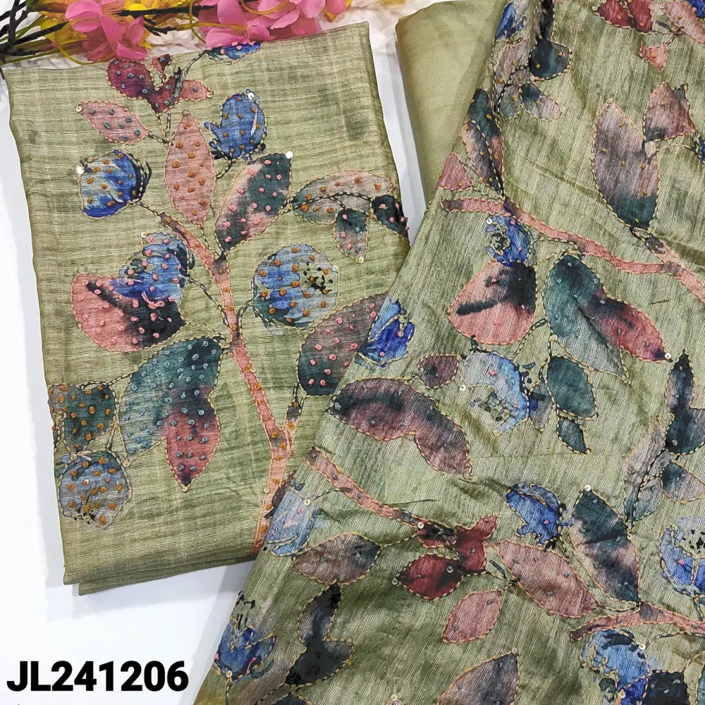 CODE JL241206: Pastel green printed premium jute unstitched salwar material hand embroidered &sequins work on yoke