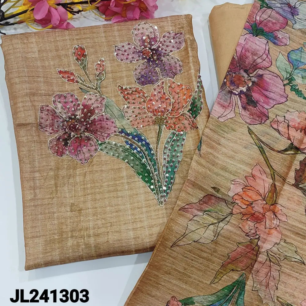 CODE JL241303: Rich beige designer abstract printed premium tussar unstitched salwar material hand work on yoke(thin