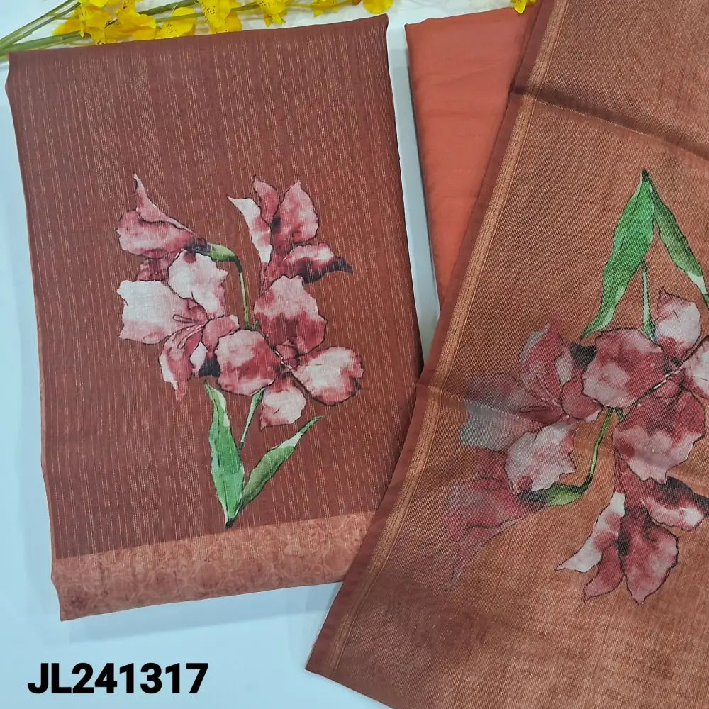 CODE JL241317: Light brown &peach fancy tissue silk cotton unstitched salwar material floral printed on yoke(lining