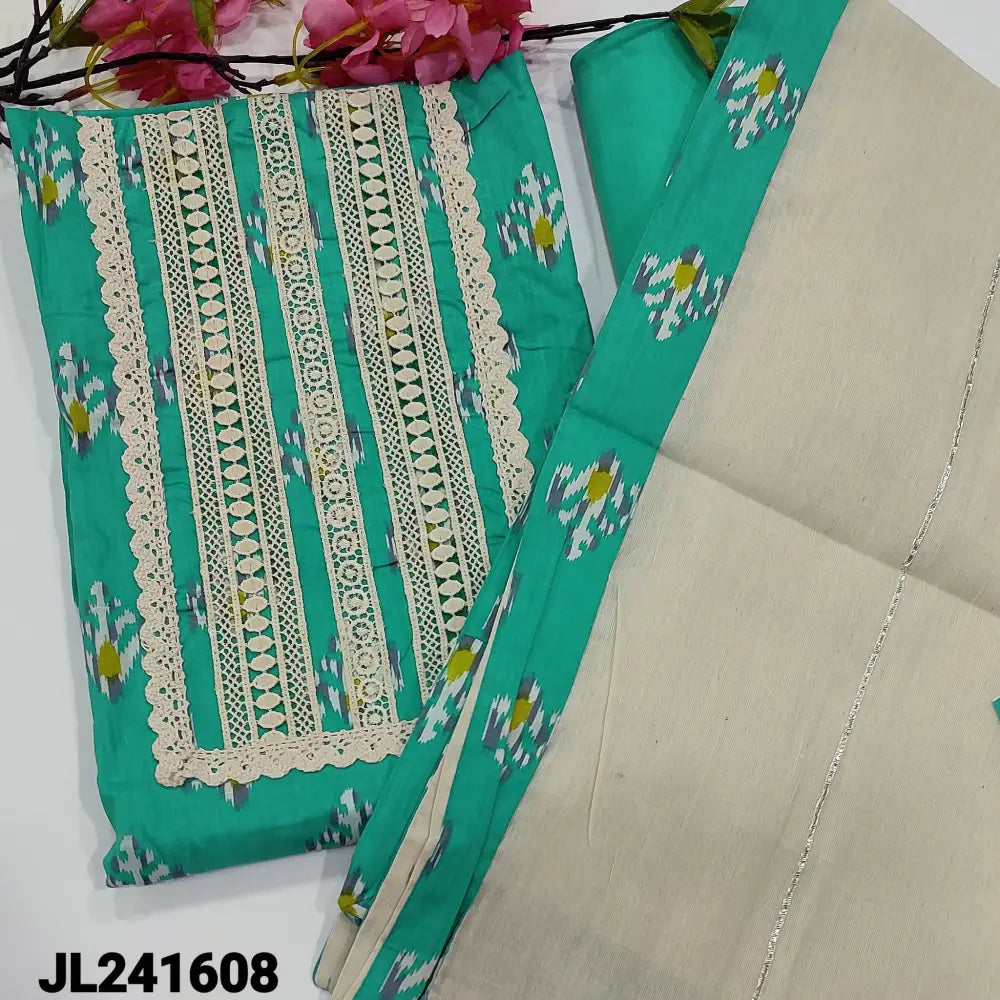CODE JL241608: Turquoise blue printed pure soft cotton unstitched salwar material fancy lace work on yoke(lining