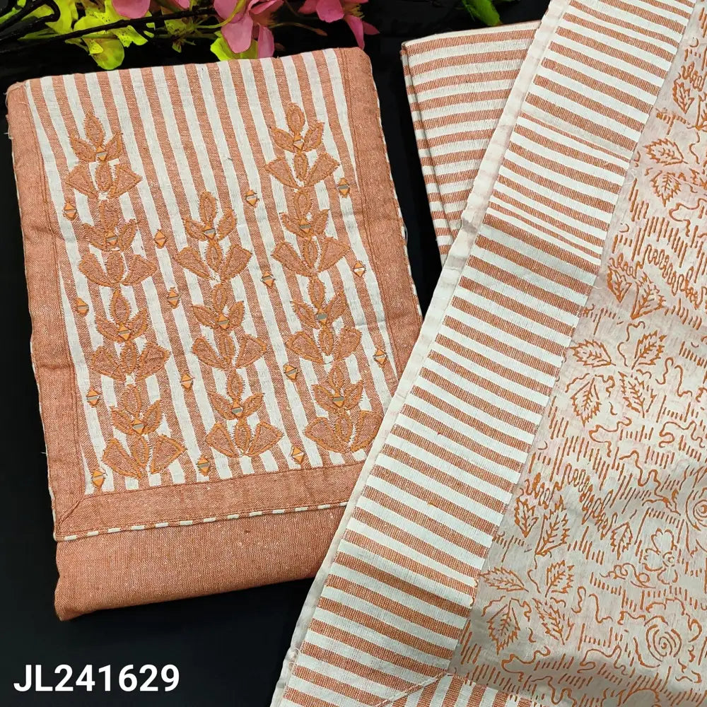 CODE JL241629: Pastel peach spun silk cotton unstitched salwar material real mirror& applique work on yoke(lining