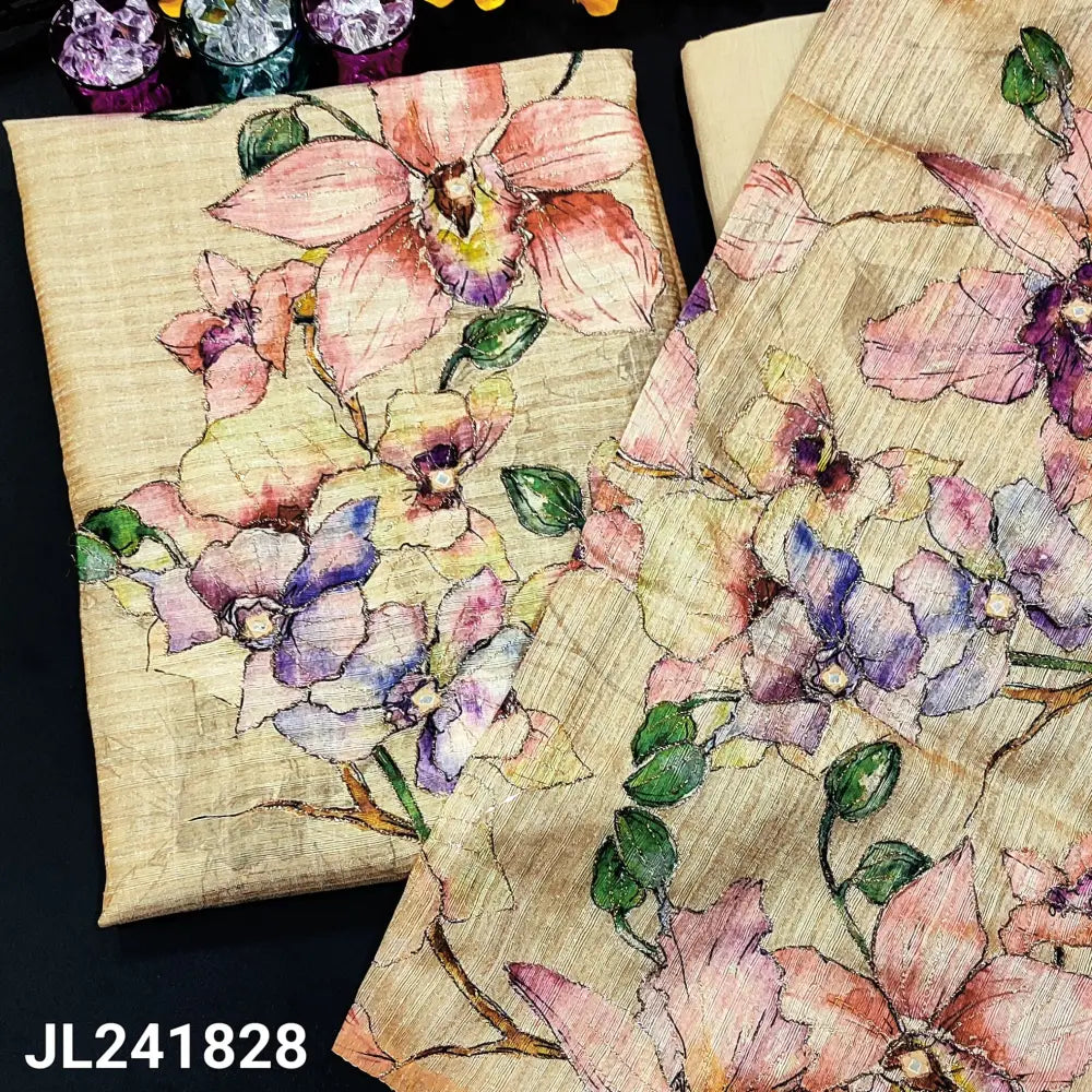 CODE JL241828: Rich beige premium tussar unstitched salwar material bead work on yoke(thin fabric lining