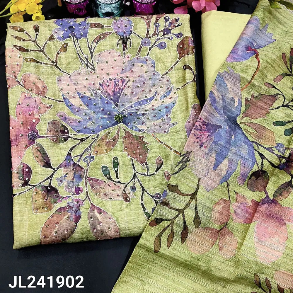 CODE JL241902: pastel green sobar printed pure tussar silk unstitched salwar material hand work on yoke(thin fabric