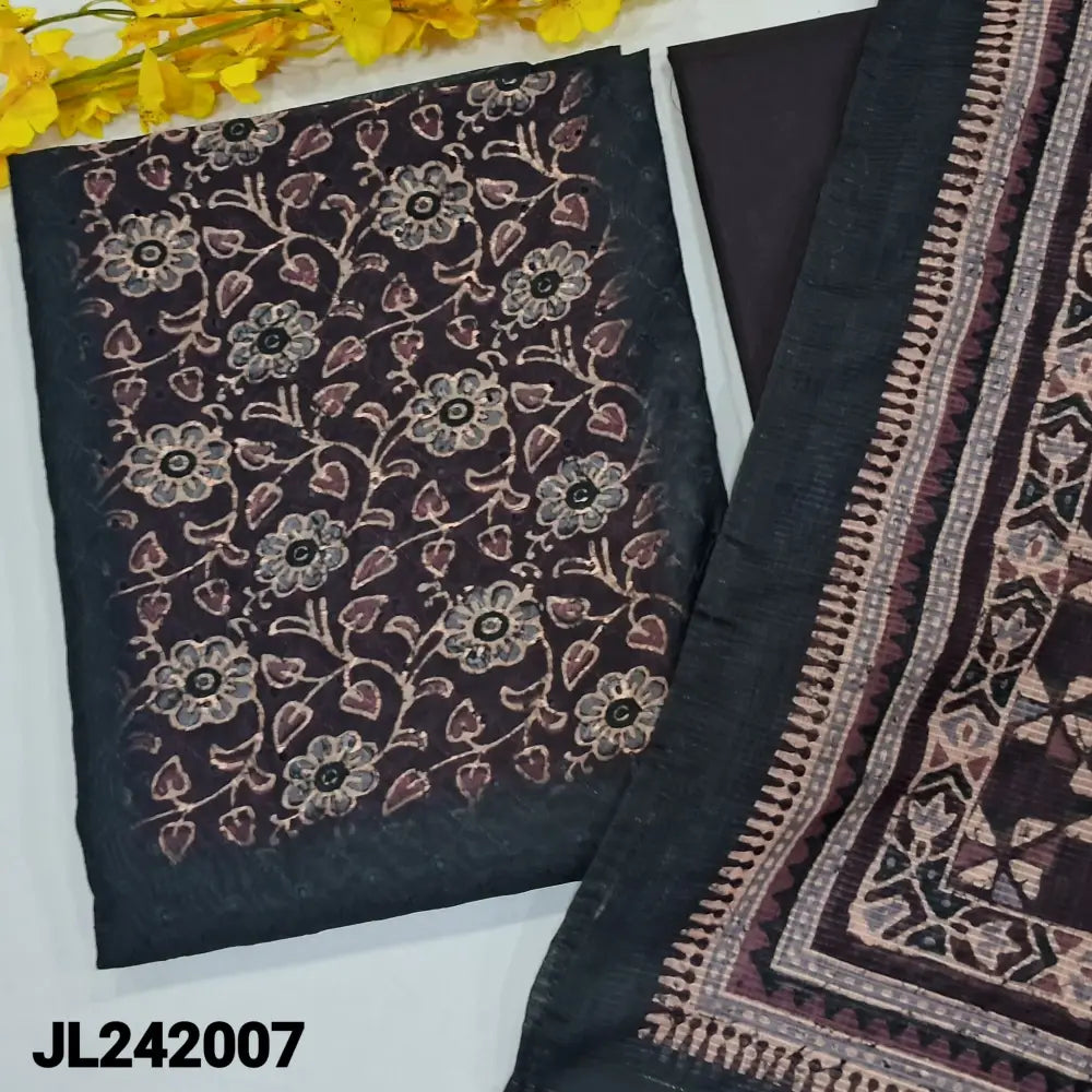 CODE JL242007: Black digital printed silk cotton unstitched salwar material floral design on yoke schiffli work
