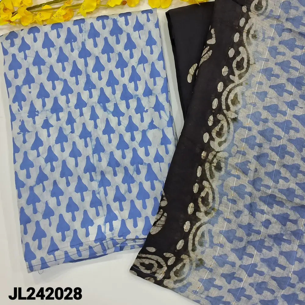 CODE JL242028: Dark powder blue batik dyed soft cotton unstitched salwar material(lining needed)black batik dyed soft