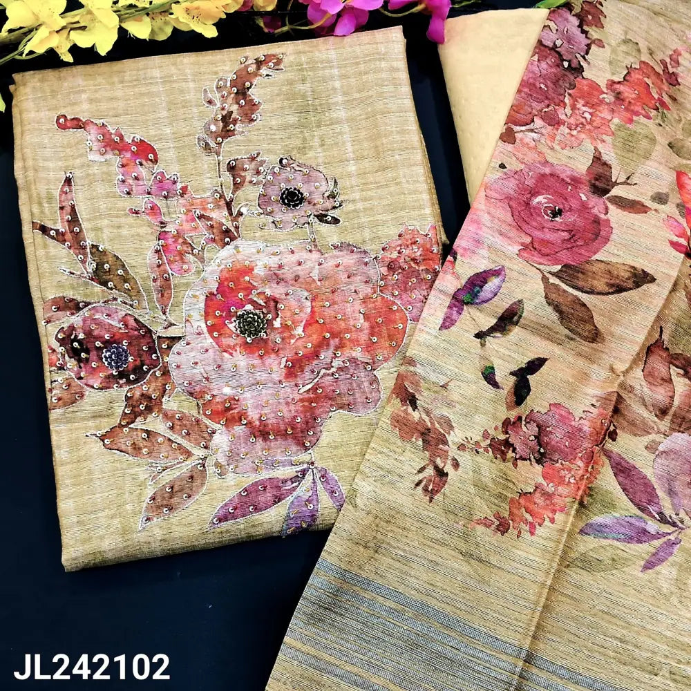 CODE JL242102: Rich beige premium tussar unstitched salwar material hand work on yoke(thin fabric lining needed)rich