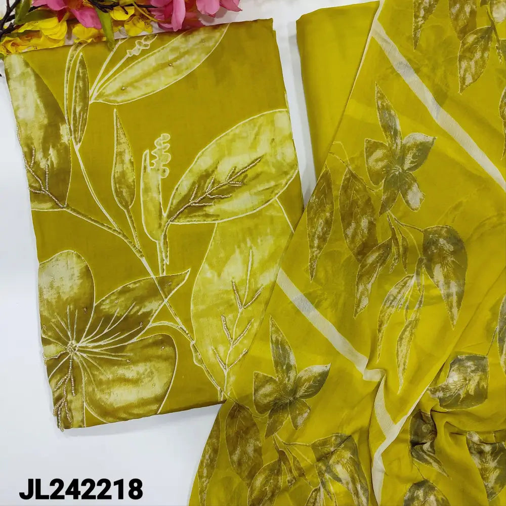 CODE JL242218: Bright mehandhi yellow printed satin cotton unstitched salwar material bead work on yoke(lining