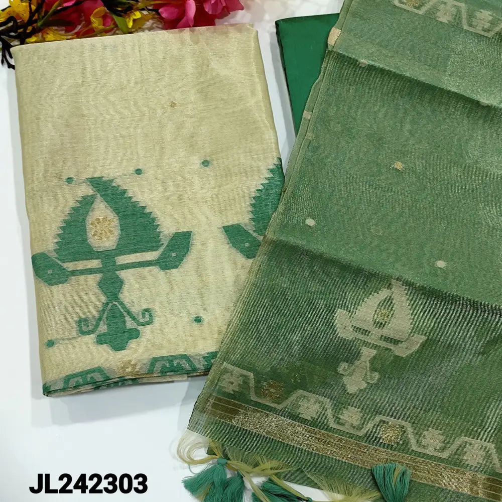 CODE JL242303: Beige with golden tint designer tissue silk cotton unstitched salwar material thread woven& zari buttas