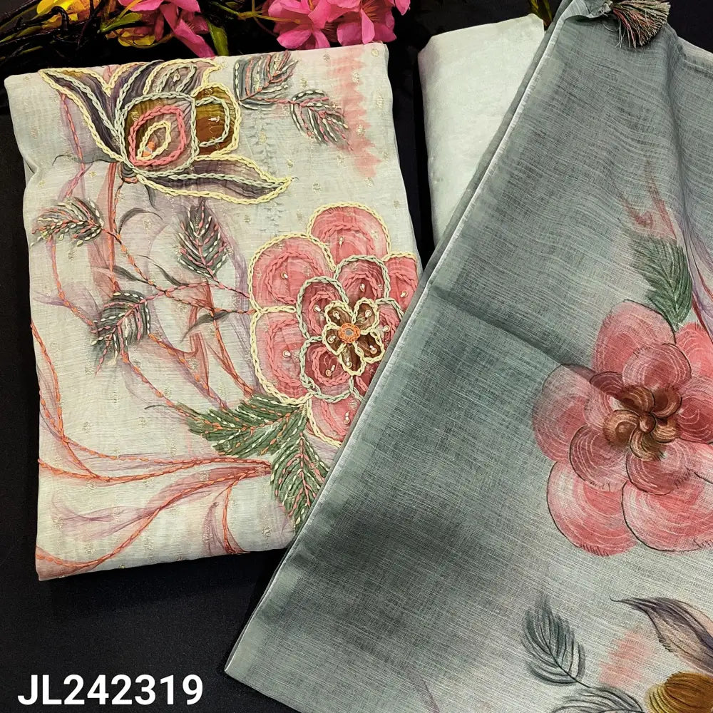 CODE JL242319: Light grey premium silk cotton unstitched salwar material hand embroidered on yoke zari buttas