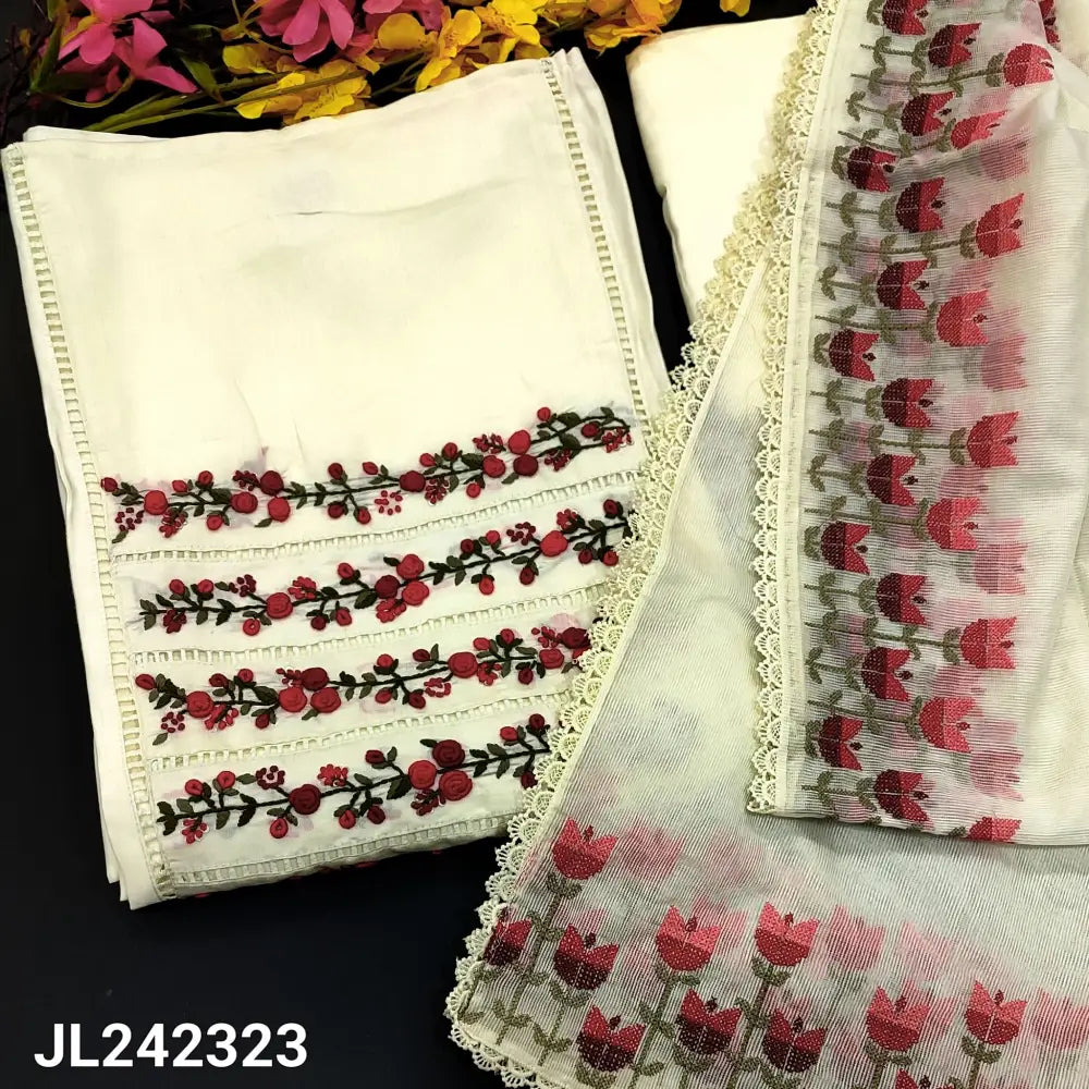 CODE JL242323: Half white designer premium silk cotton unstitched salwar material heavy embroidered& crochet lace work