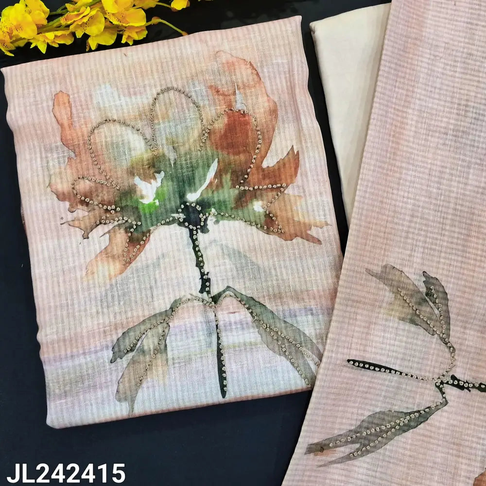 CODE JL242415: Light rich beige designer premium linen unstitched salwar material hand thread embroidered on front(thin