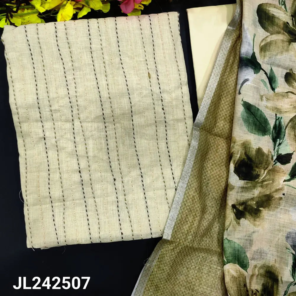 CODE JL242507: Rich light beige kantha stitch slub cotton unstitched salwar material(lining needed)matching cotton