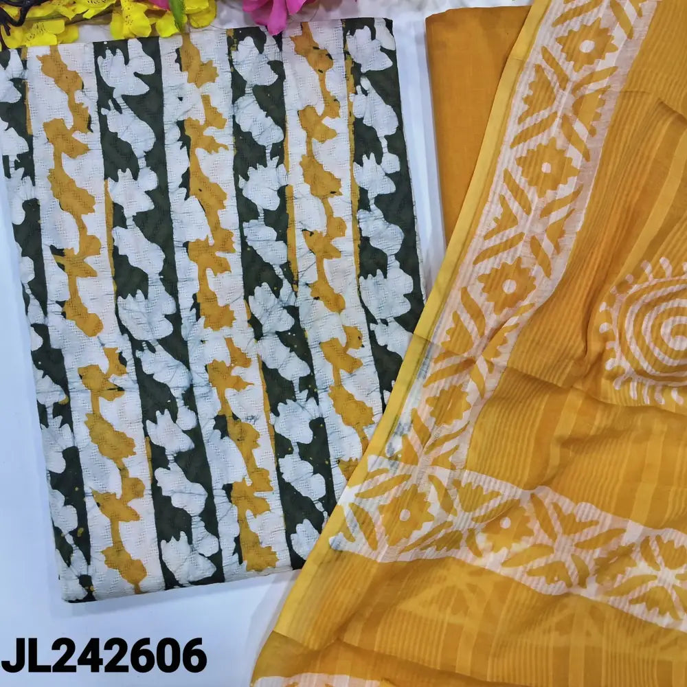 CODE JL242606: Half white base original wax batik & self woven design jakard cotton unstitched salwar material(lining
