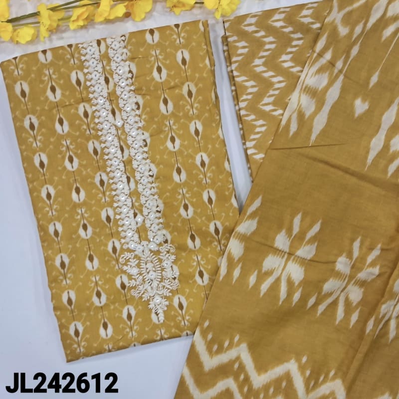 CODE JL242612: Mehandhi yellow printed soft cotton unstitched salwar material embroidered on yoke(lining