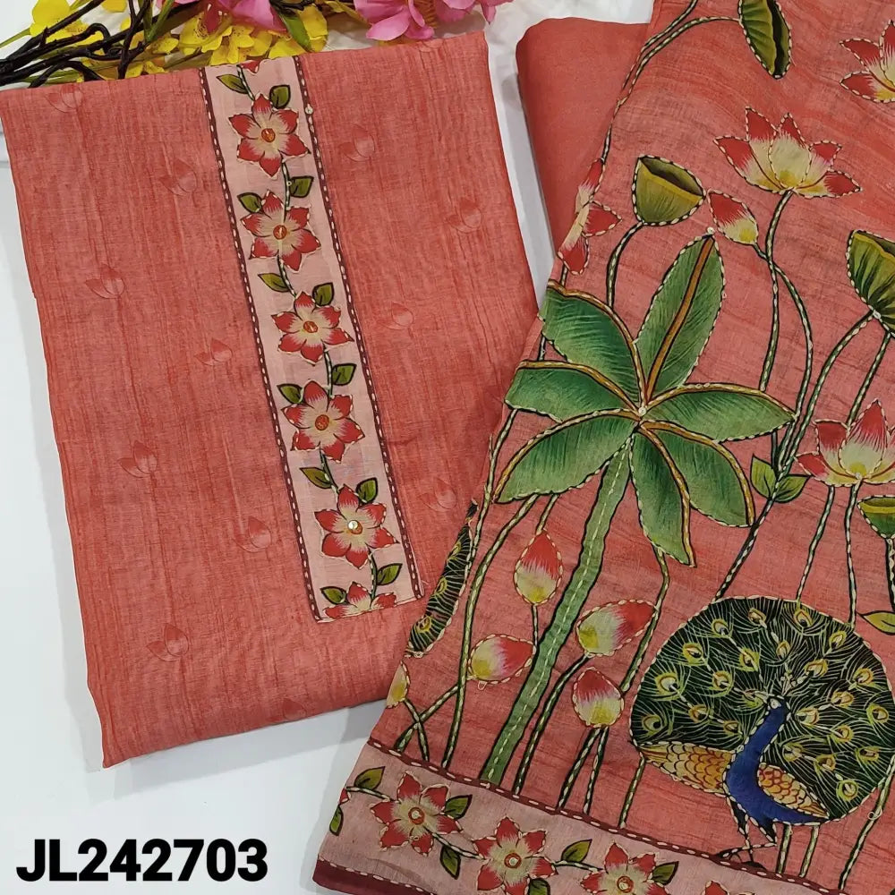 CODE JL242703: Dark peachish pink designer digital printed premium silk cotton unstitched salwar material floral