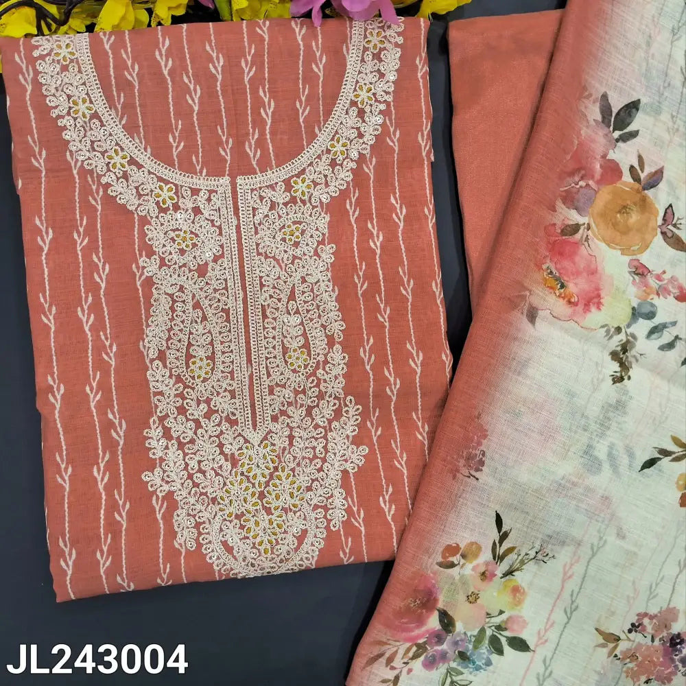 CODE JL243004: Dark peach vertical printed semi linen unstitched salwar material embroidered on yoke(textured fabric