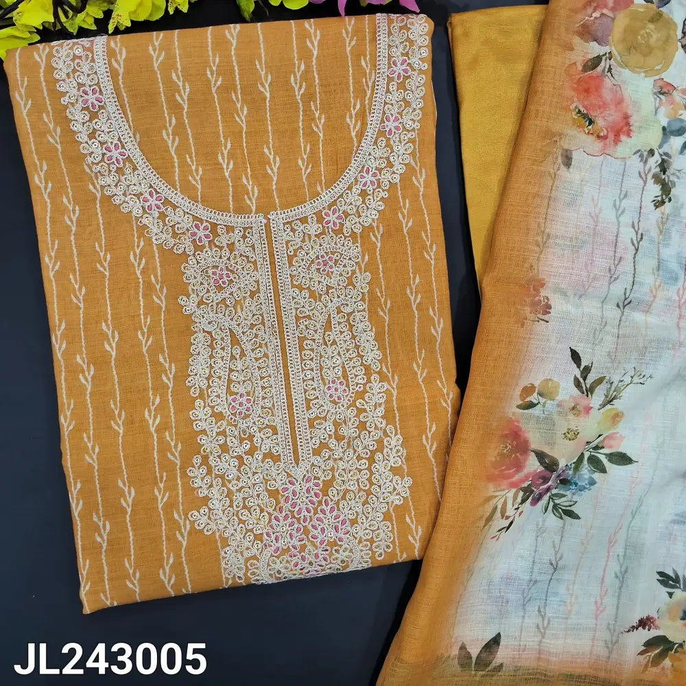 CODE JL243005: Mehandhi yellow vertical printed semi linen unstitched salwar material embroidered on yoke(textured
