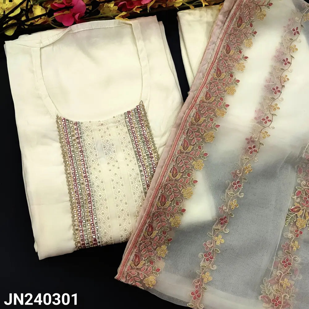 CODE JN240301: Half white designer premium silk cotton unstitched salwar material zardozi sequins pearl bead& faux