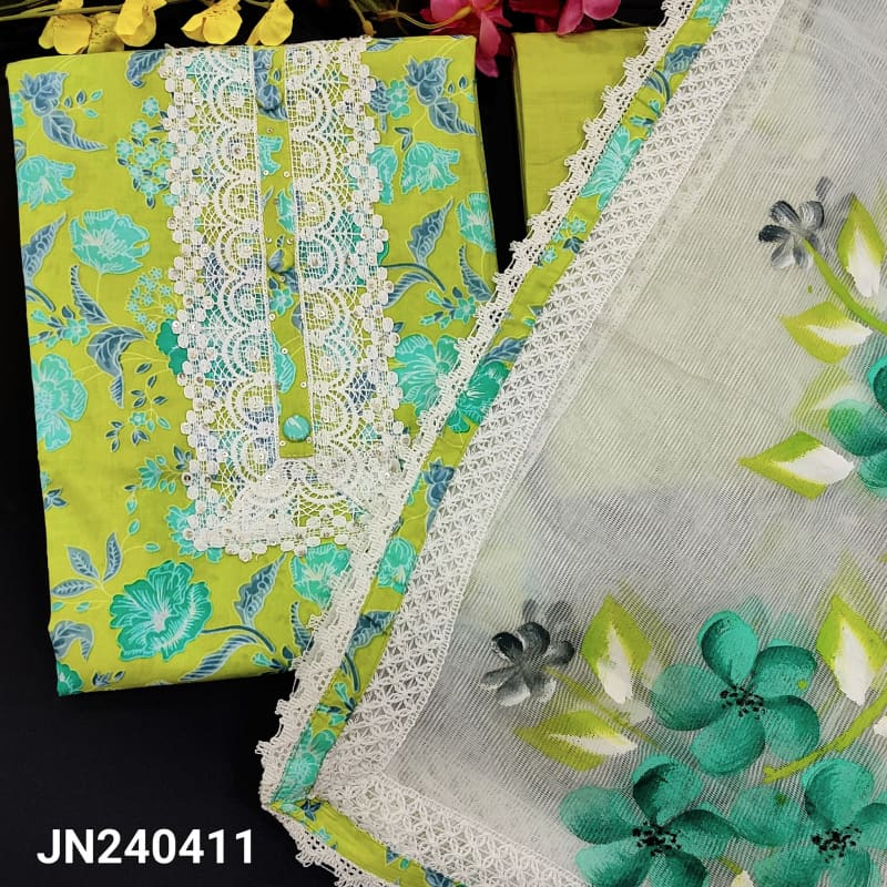 CODE JN240411: Bright green pure cotton unstitched salwar material fancy lace work& buttons on yoke floral printed all