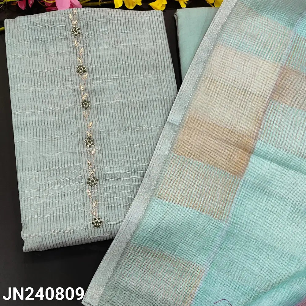 CODE JN240809: Grey designer premium textured linen unstitched salwar material thread& zardozi work on yoke(textured