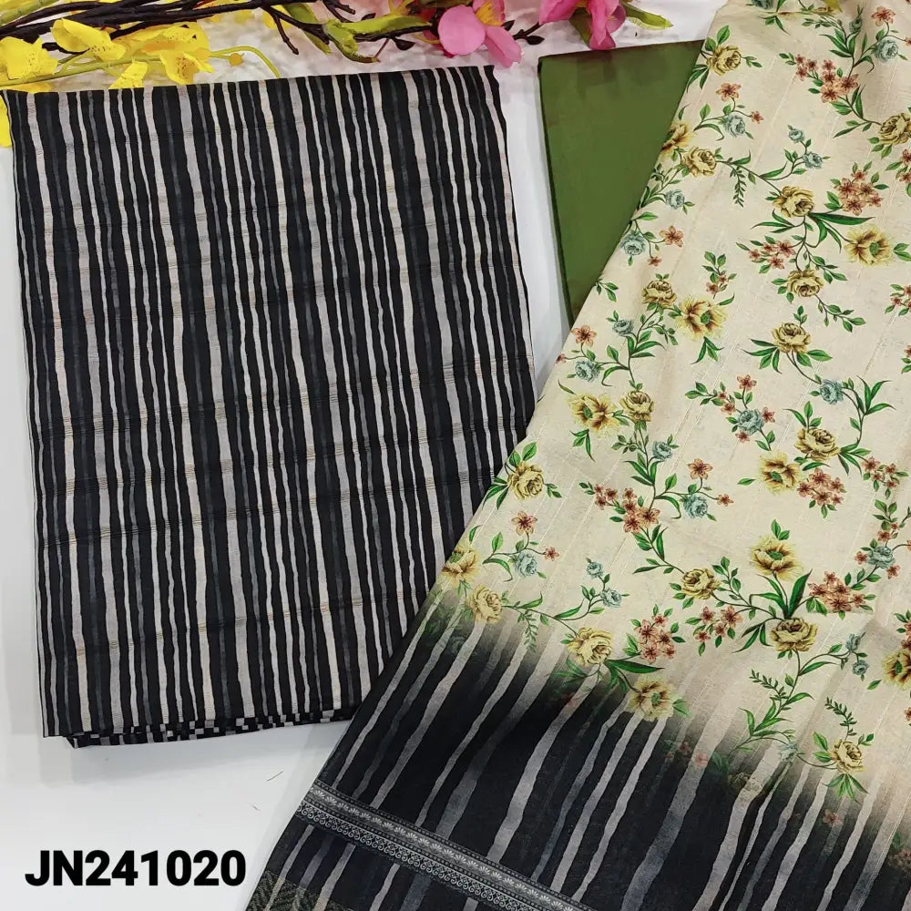 CODE JN241020: Black& white vertical printed semi gicha silk cotton unstitched salwar material(thin fabric lining