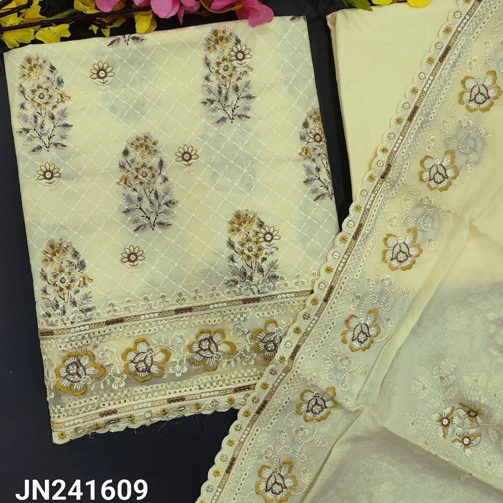 CODE JN241609: Designer pastel yellow premium cotton unstitched salwar material floral embroidery on front printed all