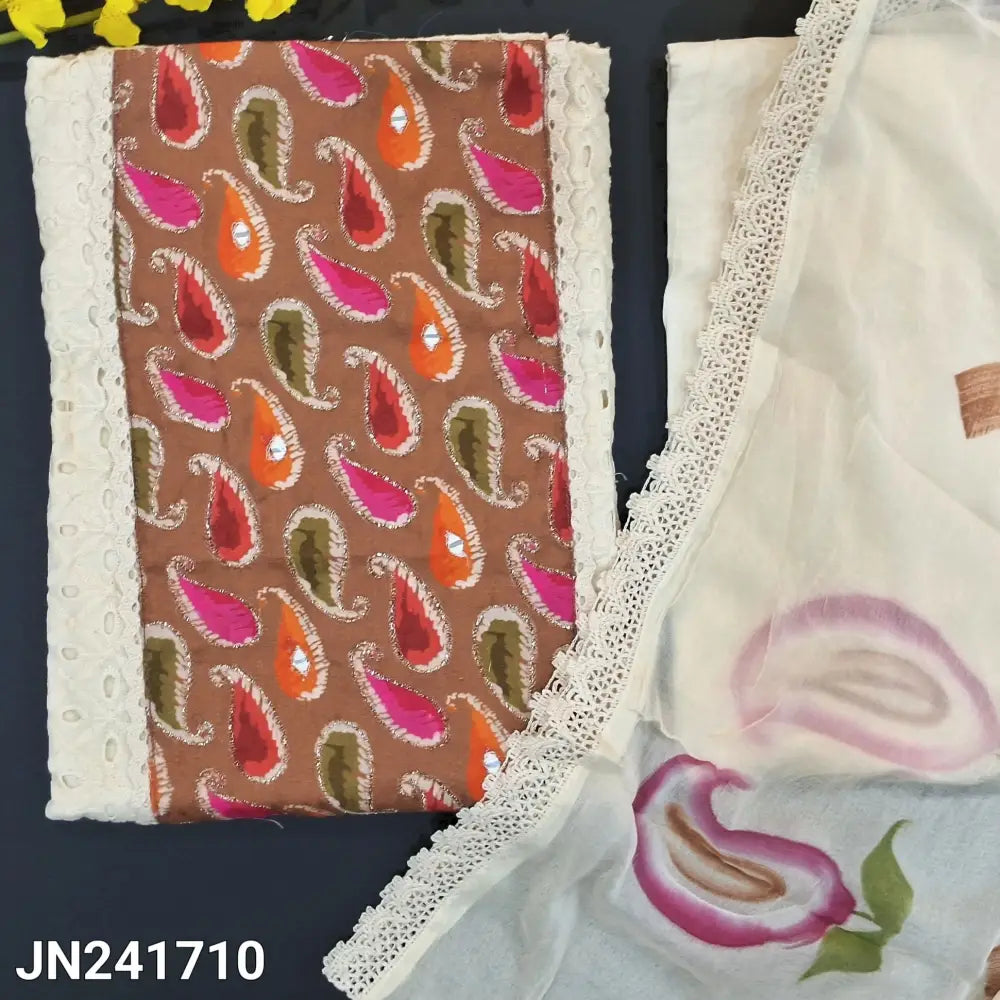 CODE JN241710: Half white schiffli embroidered unstitched salwar material contrast printed yoke with real mirror work