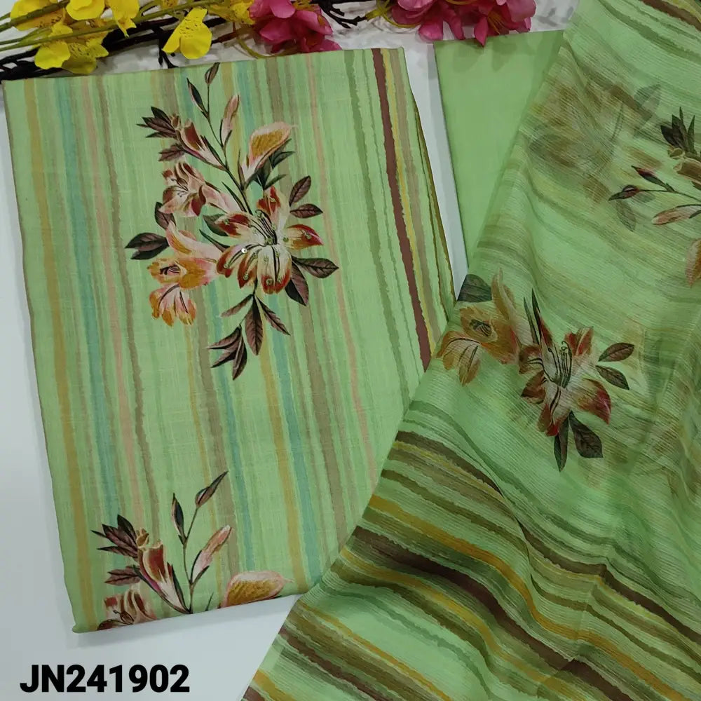 CODE JN241902: Bright green slub silk cotton unstitched salwar material floral printed on panel pattern with thread&
