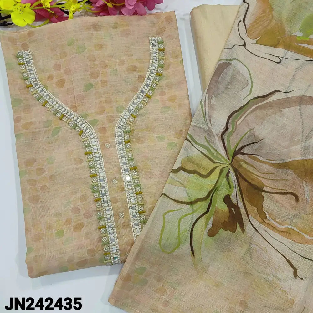 CODE JN242435: Rich beige semi linen abstract printed unstitched salwar material yoke with pearl bead and mirror