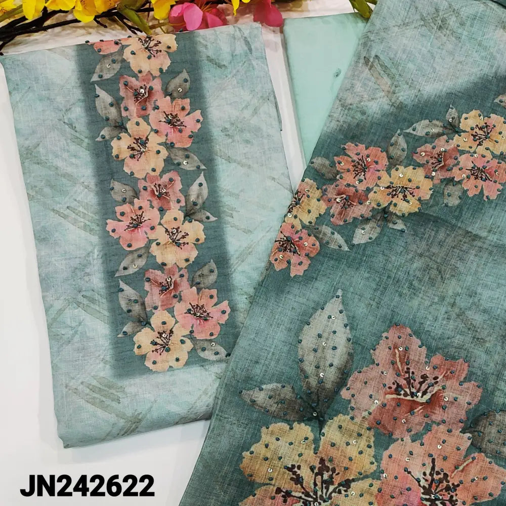CODE JN242622: Pastel blue designer pure linen unstitched salwar material floral printed with thread work on yoke(thin