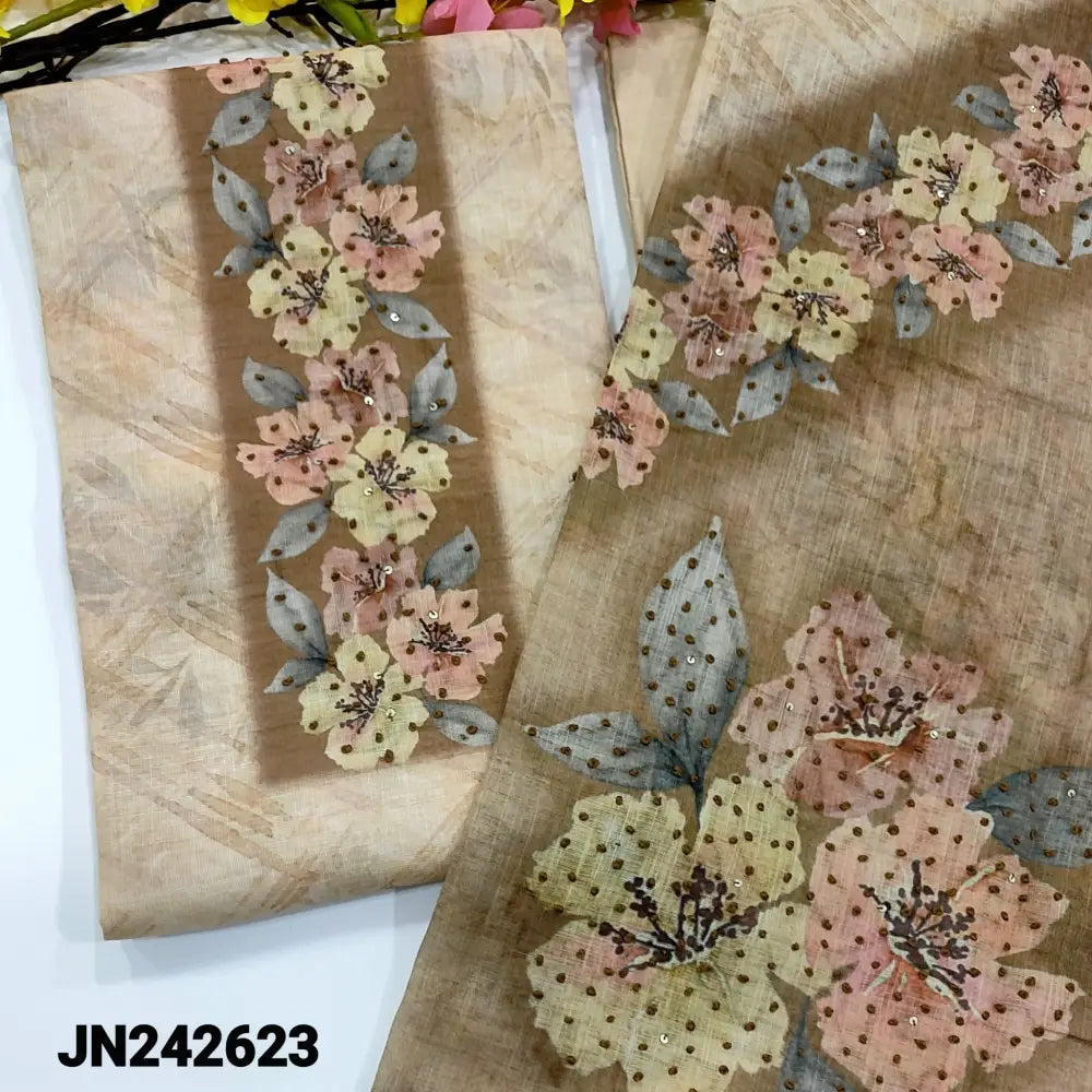 CODE JN242623: Rich beige designer pure linen unstitched salwar material floral printed with thread work on yoke(thin