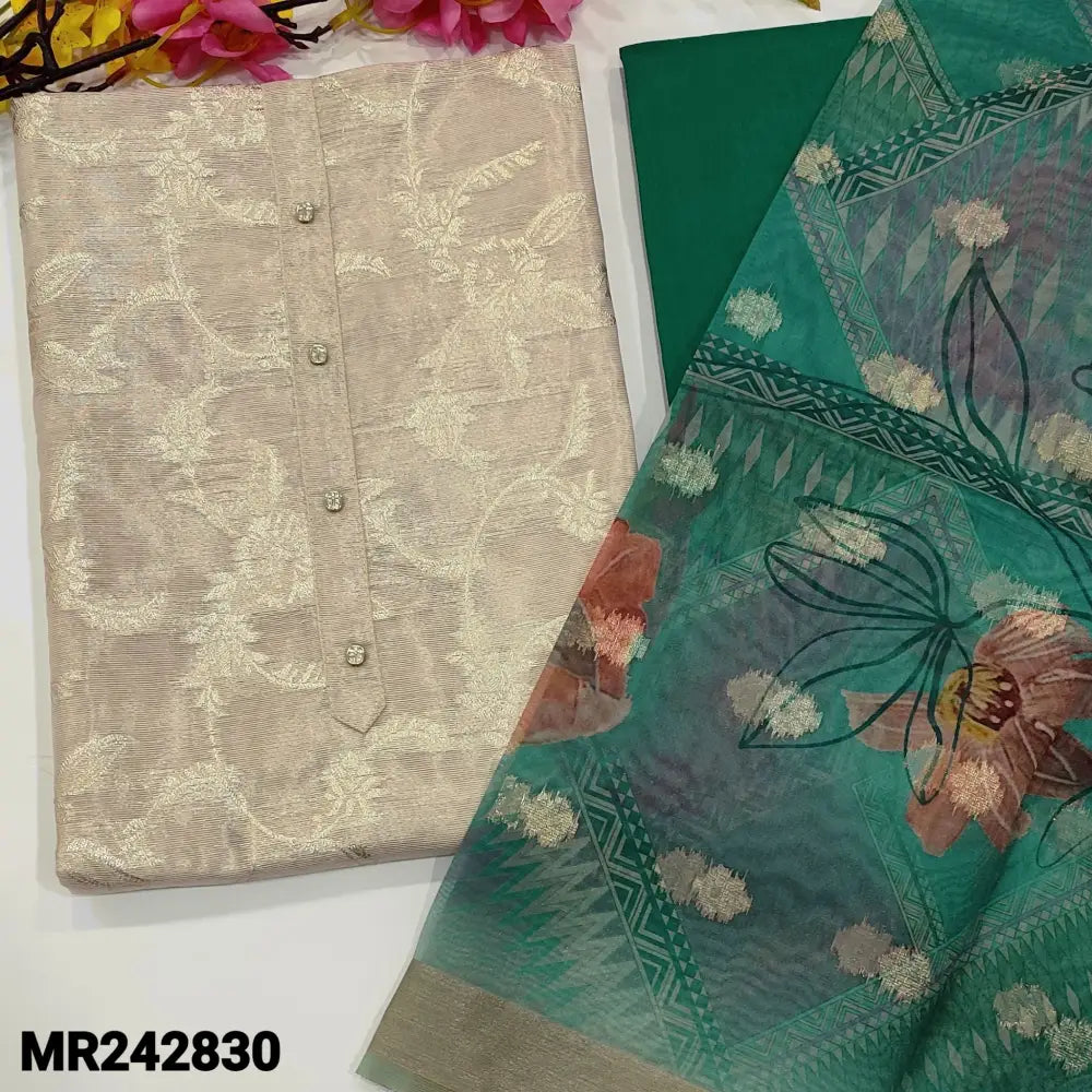 CODE MR242830: Beige tissue silk cotton unstitched salwar material,fancy buttons on yoke,zari woven design