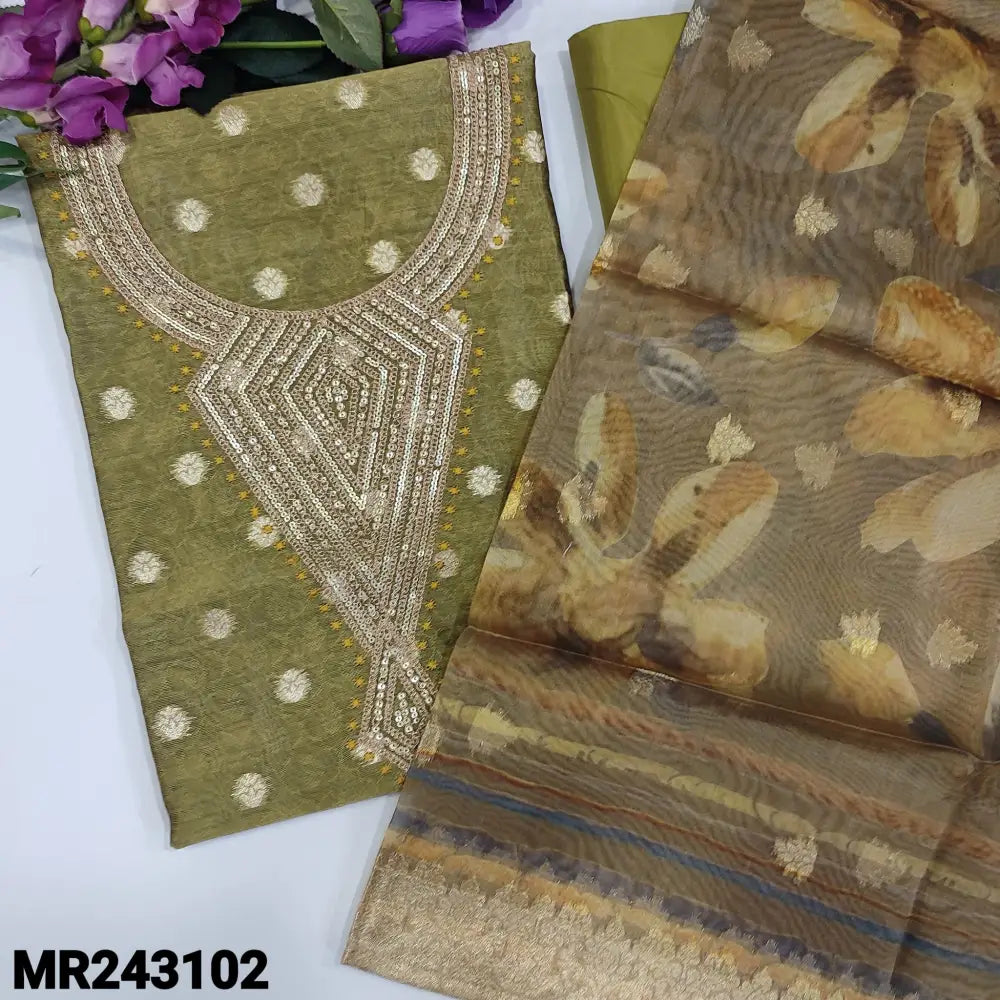 CODE MR243102: Light olive green with golden tint designer jakard tissue silk cotton unstitched salwar material,rich
