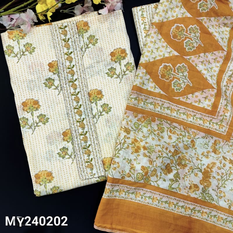 CODE MY240202: Half white base premium cotton unstitched salwar material heavy work on yoke floral printed all