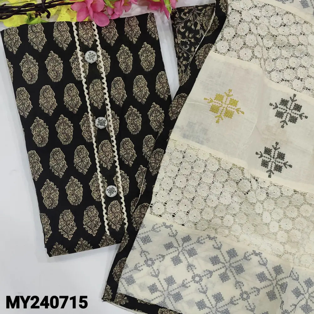 CODE MY240715: Black pure cotton unstitched salwar material fancy buttons &lace work on yoke printed all over(lining