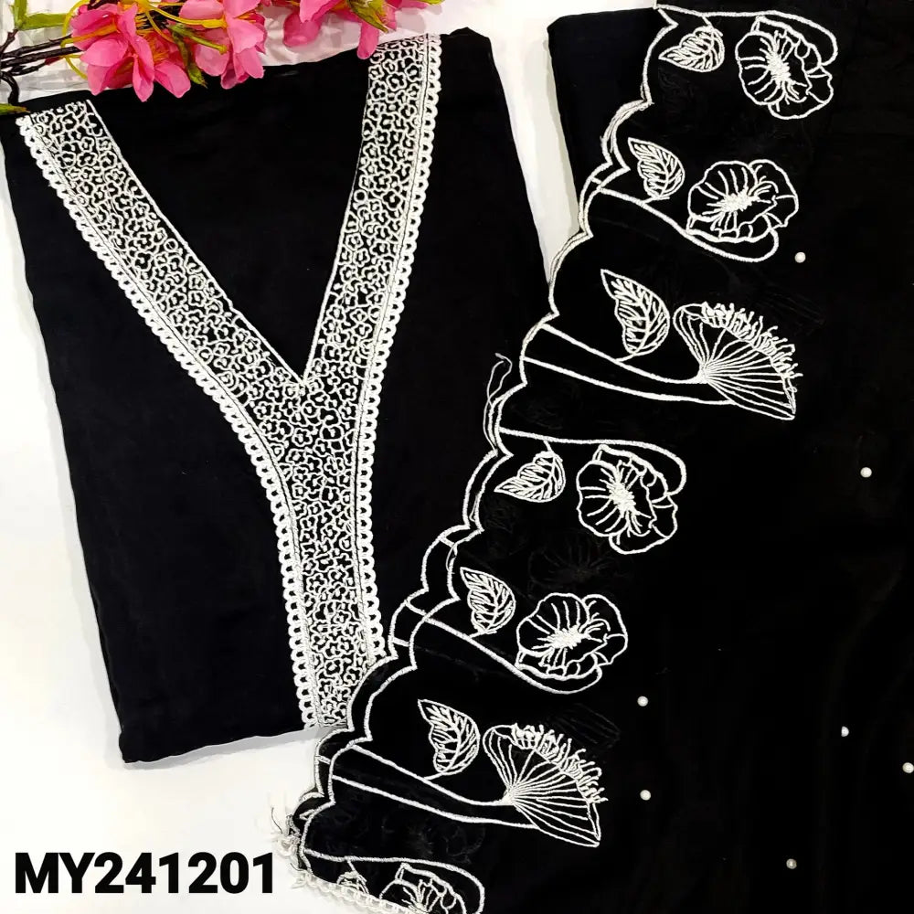 CODE MY241201: Black pure maslin silk semi stitched salwar material v neck with thread & lace work(shiny fabric lining