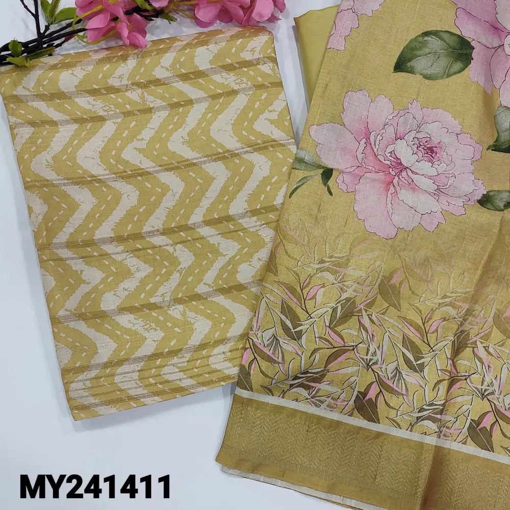 CODE MY241411: Light fenugreek yellow semi gicha silk cotton unstitched salwar material self weaving design with zigzag