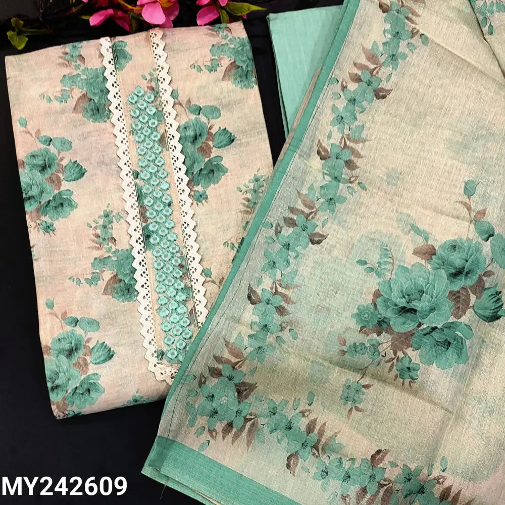 CODE MY242609: Beige with tissue silk cotton unstitched salwar material,real mirror& lace work on yoke,floral printed