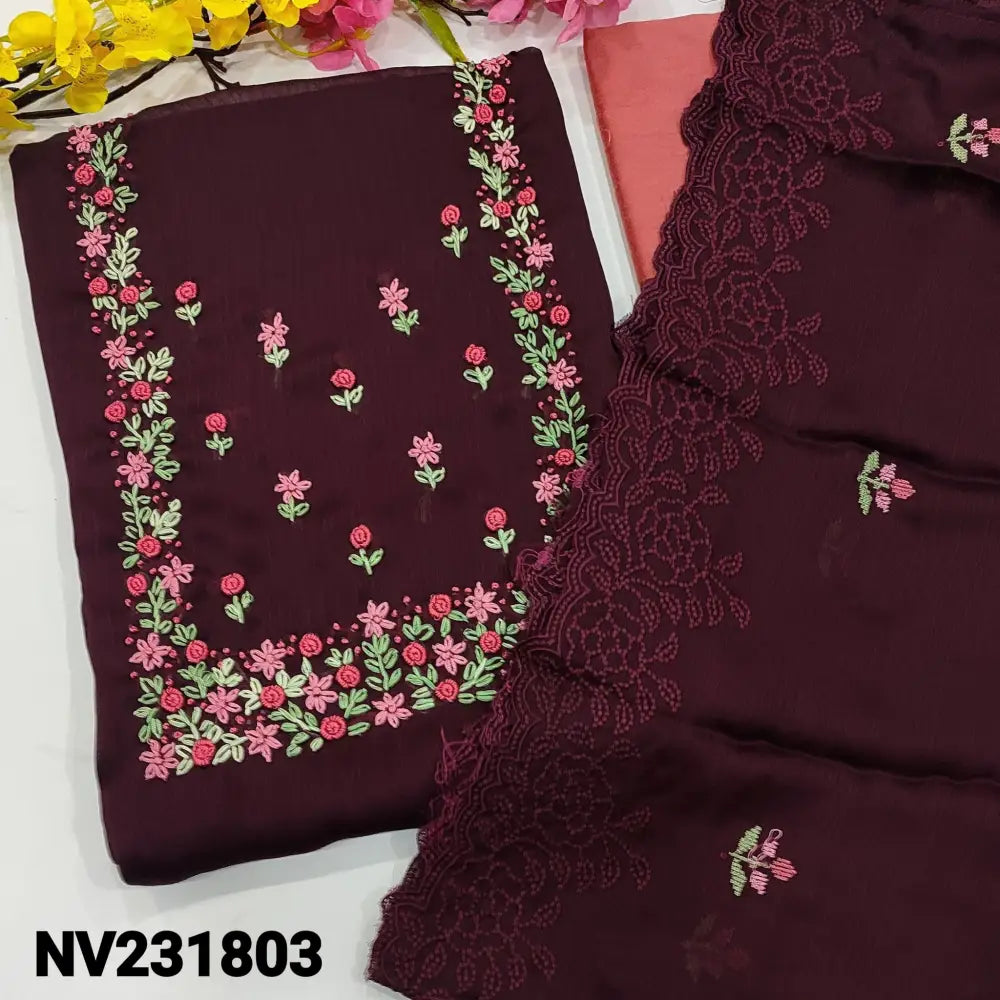 CODE NV231803: Dark Maroon Chiffon Fabric Unstitched salwar material(light weight soft flowy fabric lining included)
