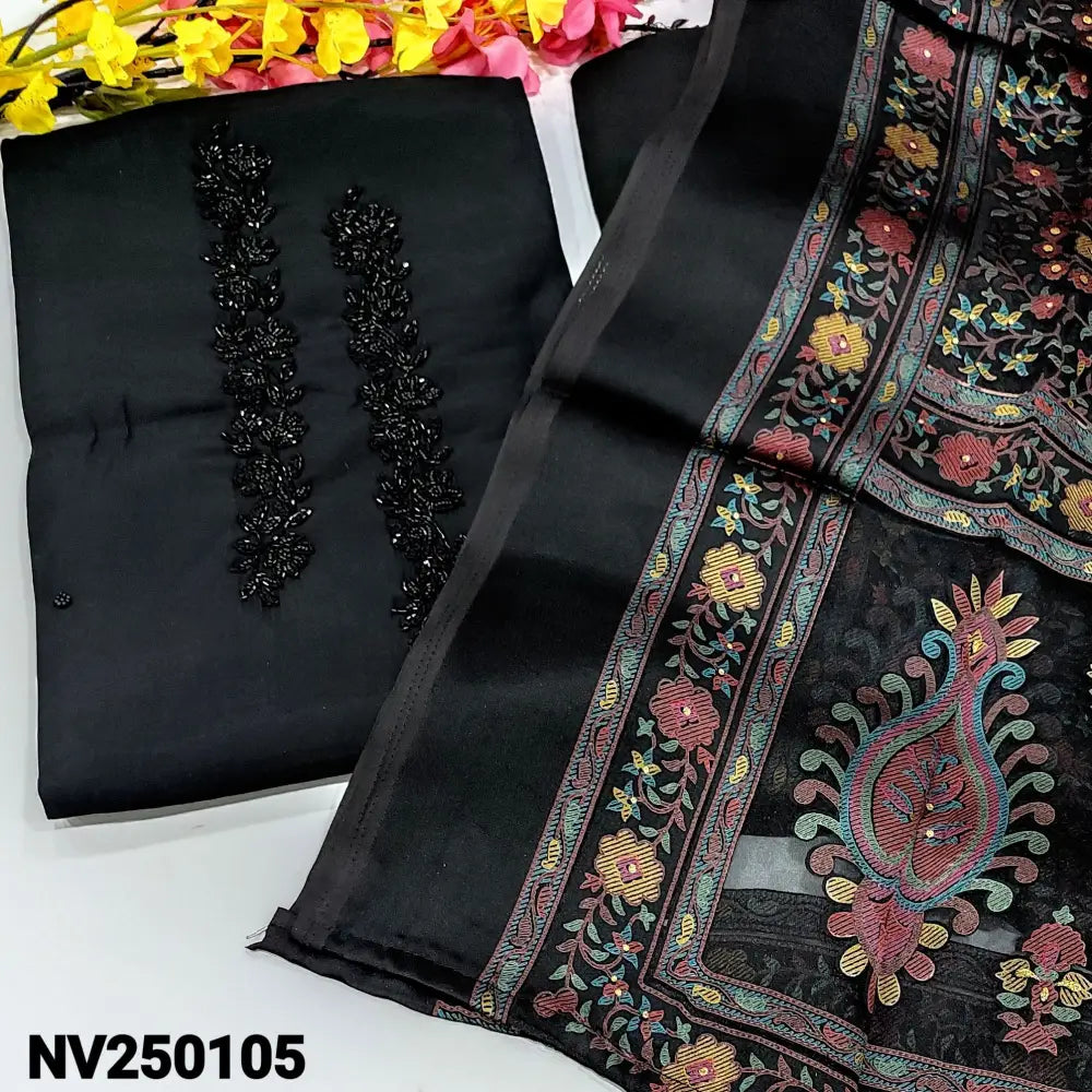 CODE NV240105: Black premium silk cotton unstitched salwar material bead work on yoke& front(lining optional)matching