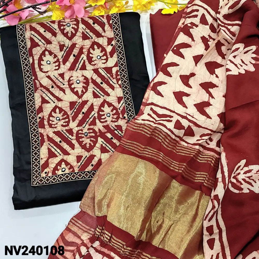CODE NV240108: Black satin cotton unstitched salwar material batik yoke patch with faux mirror work(lining
