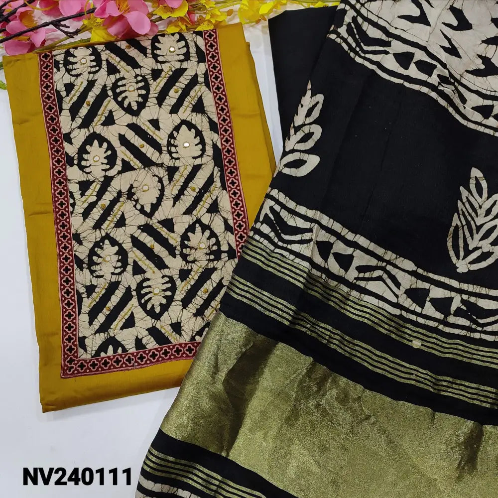 CODE NV240111: Mehandhi yellow satin cotton unstitched salwar material batik yoke patch with faux mirror work(lining